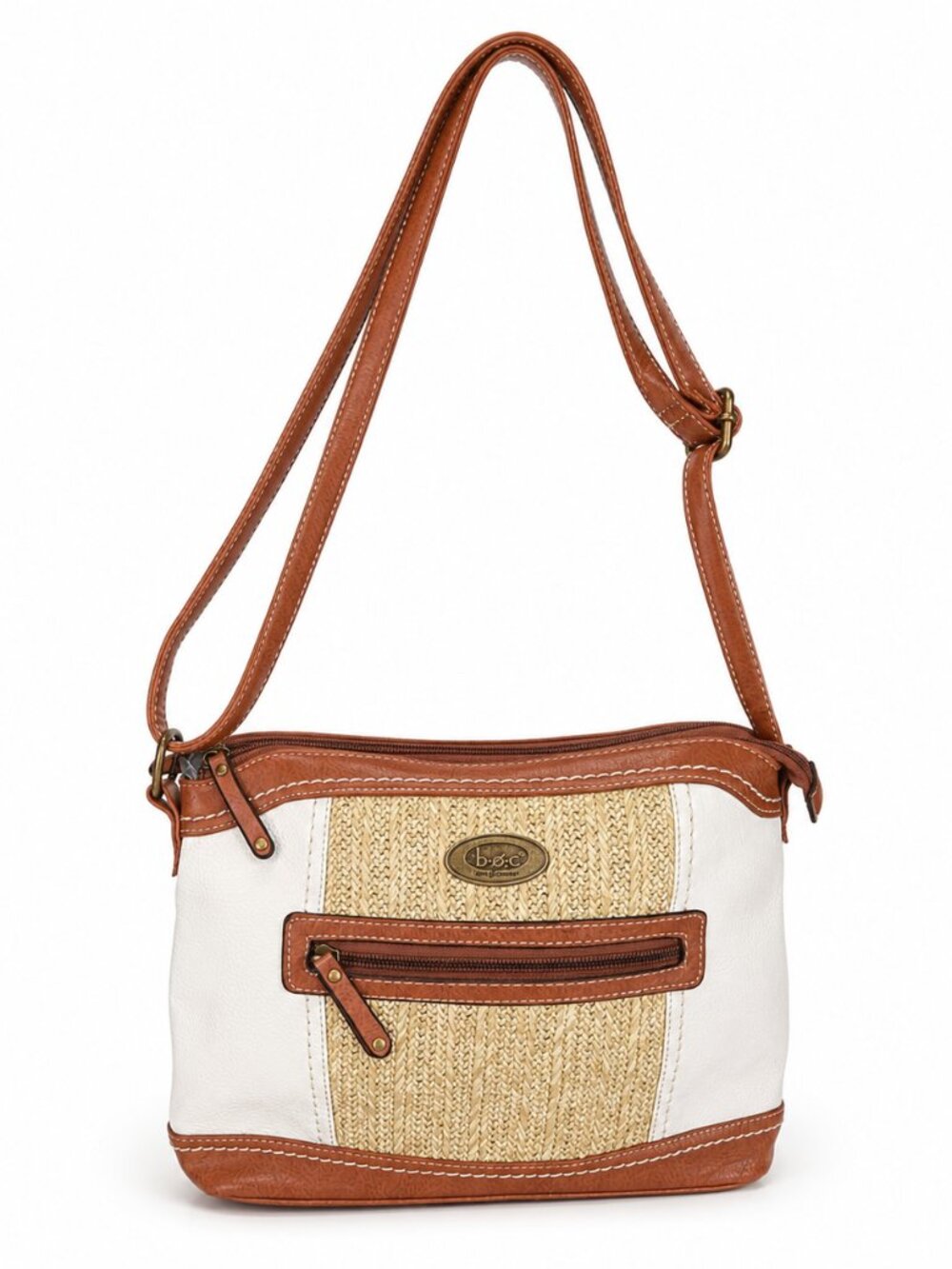 B.O.C. Born Concept White Woven Straw Crossbody Bag Brown Trim